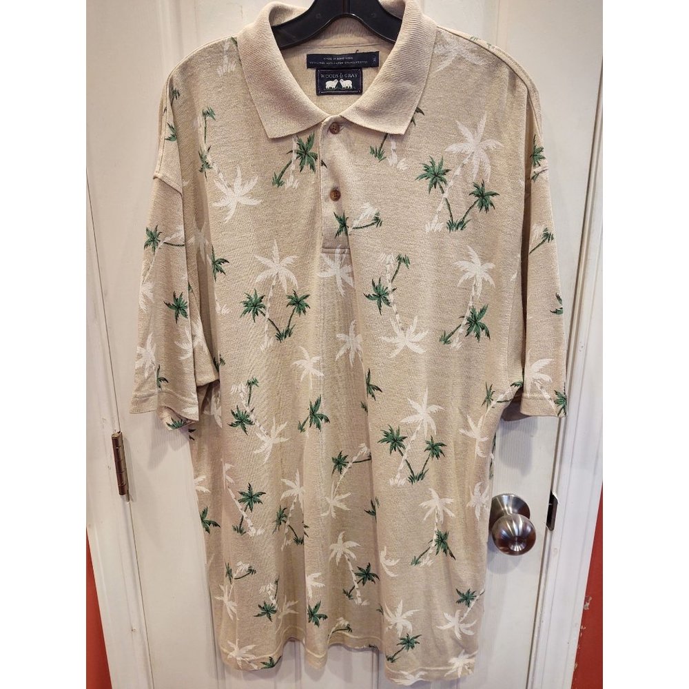 VTG Woods & Gray Linen Polo Shirt Mens XL Palm Trees Short Sleeve Tropical Beach